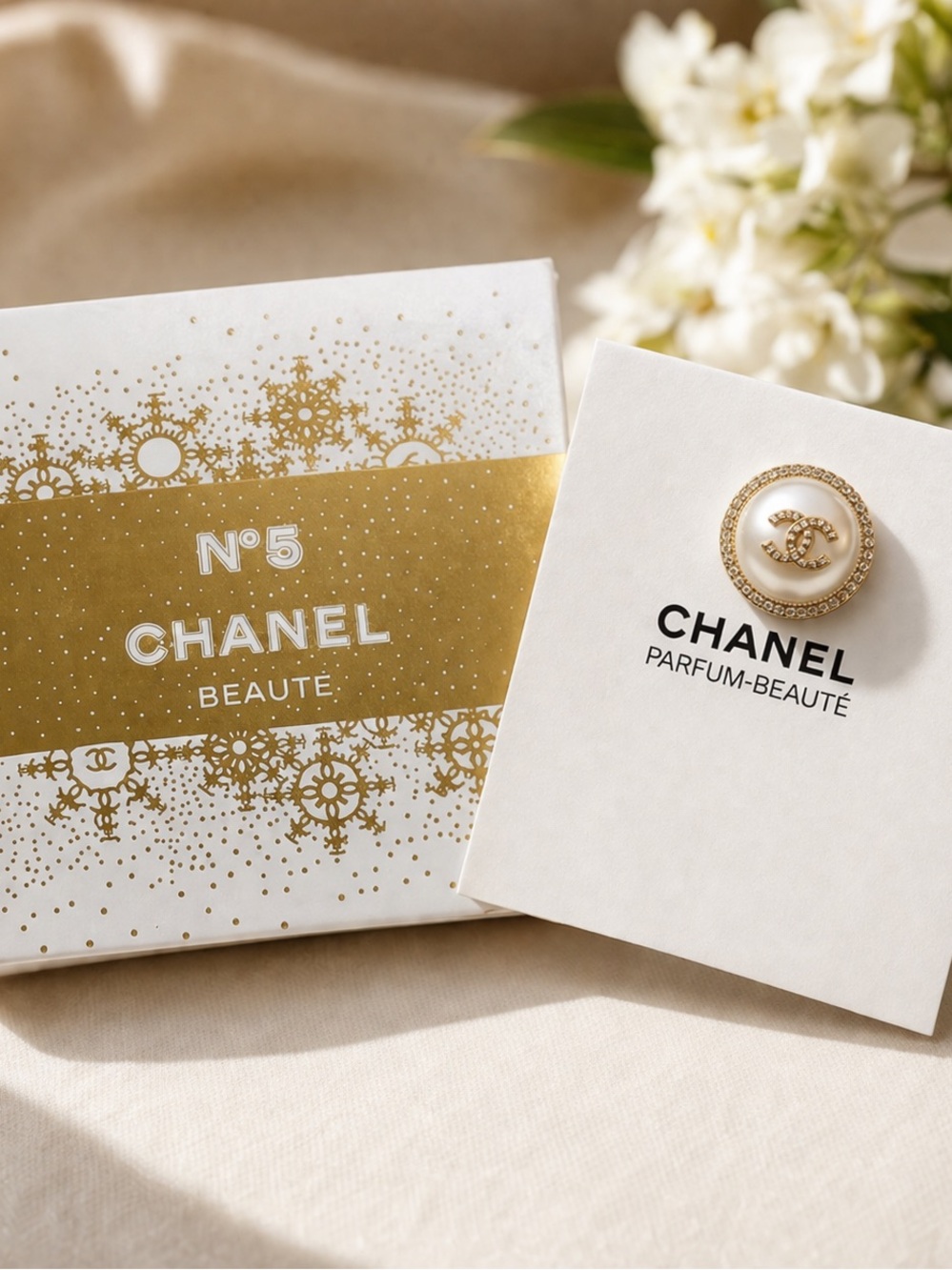 CHANEL White Pearl Gold-Tone CC Brooch Pin